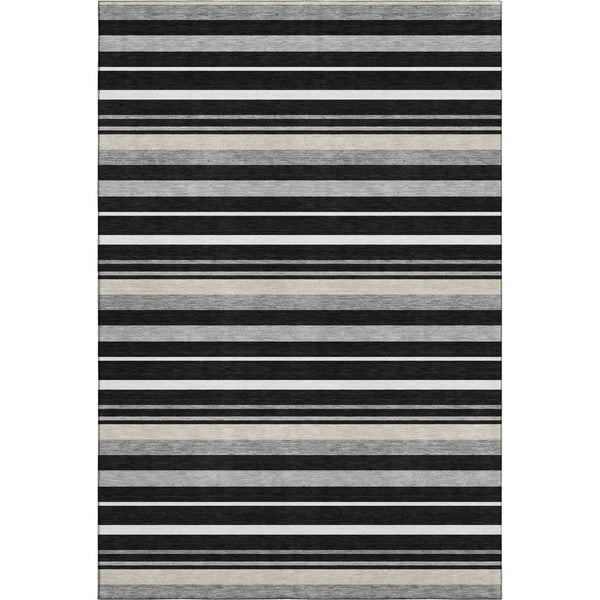 HomeRoots 9' X 12' Modern Black Ivory Gray Striped Area Rug – Washable, UV Protected, Family-Friendly Design 669900