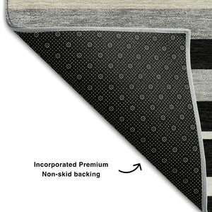 HomeRoots 9' X 12' Modern Black Ivory Gray Striped Area Rug – Washable, UV Protected, Family-Friendly Design 669900