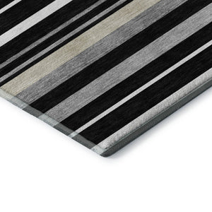 HomeRoots 9' X 12' Modern Black Ivory Gray Striped Area Rug – Washable, UV Protected, Family-Friendly Design 669900