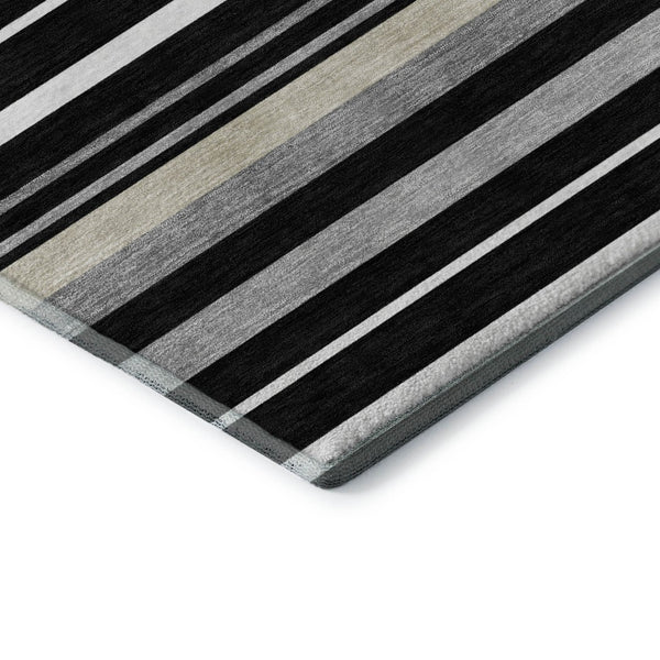 HomeRoots 9' X 12' Modern Black Ivory Gray Striped Area Rug – Washable, UV Protected, Family-Friendly Design 669900