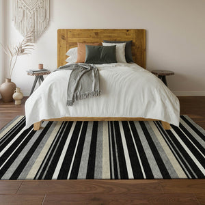 HomeRoots 9' X 12' Modern Black Ivory Gray Striped Area Rug – Washable, UV Protected, Family-Friendly Design 669900