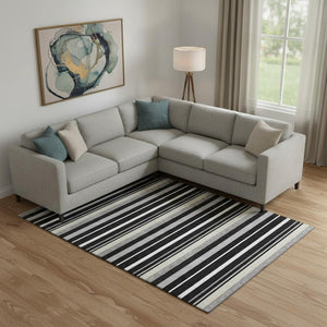 HomeRoots 10' X 14' Stylish Black Ivory Gray Striped Washable Area Rug - Durable, Stain-Resistant & UV Protected 669901
