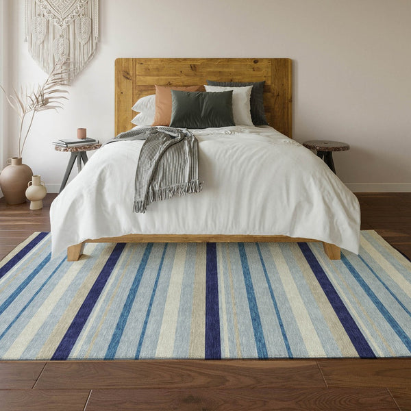 HomeRoots 5' Blue Ivory Beige Striped Washable Area Rug - Durable, UV Protected, Perfect for Any Room! 669903
