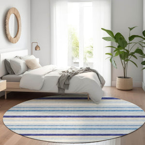 HomeRoots 8' Blue Ivory and Beige Striped Washable Round Rug – Durable, UV-Protected, Soft, Low-Maintenance Style 669904