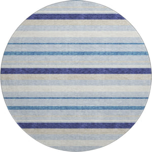 HomeRoots 8' Blue Ivory and Beige Striped Washable Round Rug – Durable, UV-Protected, Soft, Low-Maintenance Style 669904