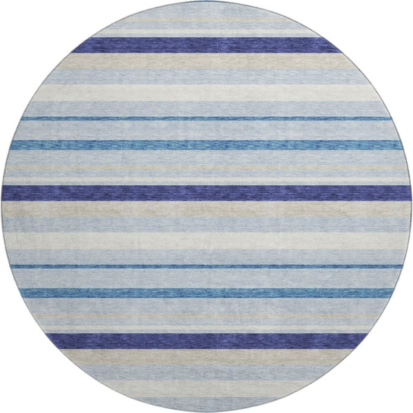 HomeRoots 8' Blue Ivory and Beige Striped Washable Round Rug – Durable, UV-Protected, Soft, Low-Maintenance Style 669904