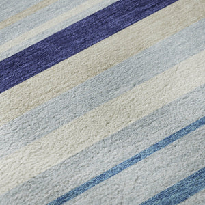 HomeRoots 8' Blue Ivory and Beige Striped Washable Round Rug – Durable, UV-Protected, Soft, Low-Maintenance Style 669904