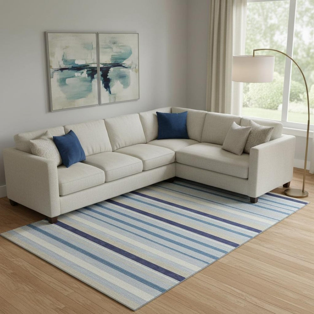 HomeRoots 8' X 10' Striped Area Rug in Blue, Ivory, and Beige – Washable, UV-Protected, Stylish & Durable Decor 669905