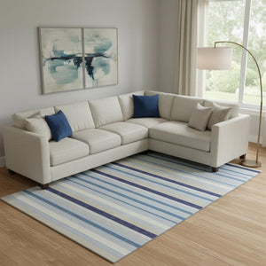 HomeRoots 8' X 10' Striped Area Rug in Blue, Ivory, and Beige – Washable, UV-Protected, Stylish & Durable Decor 669905