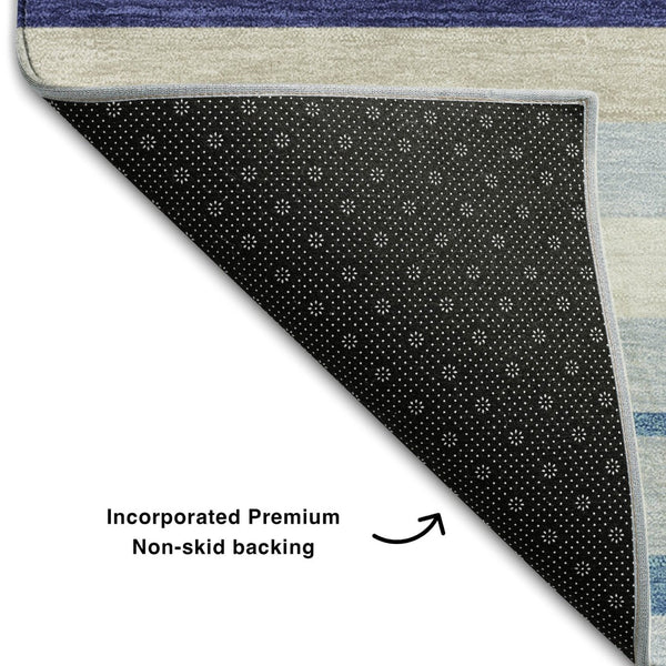 HomeRoots 8' X 10' Striped Area Rug in Blue, Ivory, and Beige – Washable, UV-Protected, Stylish & Durable Decor 669905