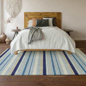 HomeRoots 8' X 10' Striped Area Rug in Blue, Ivory, and Beige – Washable, UV-Protected, Stylish & Durable Decor 669905