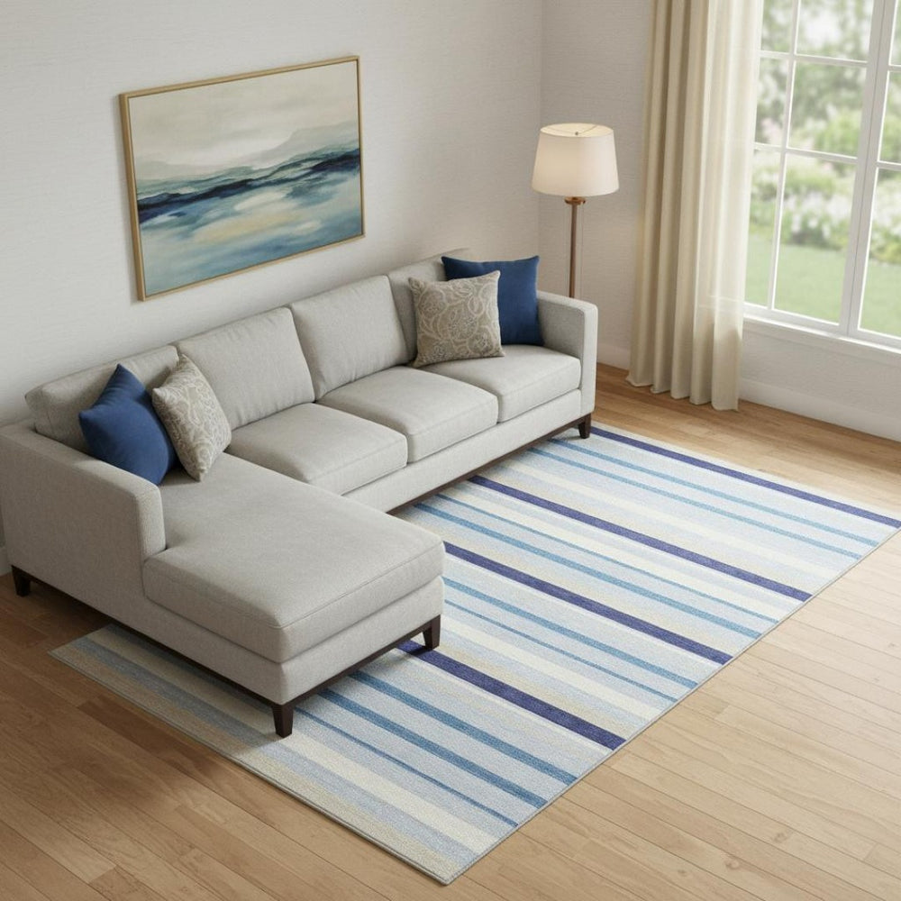 HomeRoots 9' Stylish Blue, Ivory & Beige Striped Washable Area Rug with UV Protection for Easy Care & Durability 669906