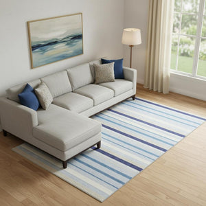 HomeRoots 9' Stylish Blue, Ivory & Beige Striped Washable Area Rug with UV Protection for Easy Care & Durability 669906