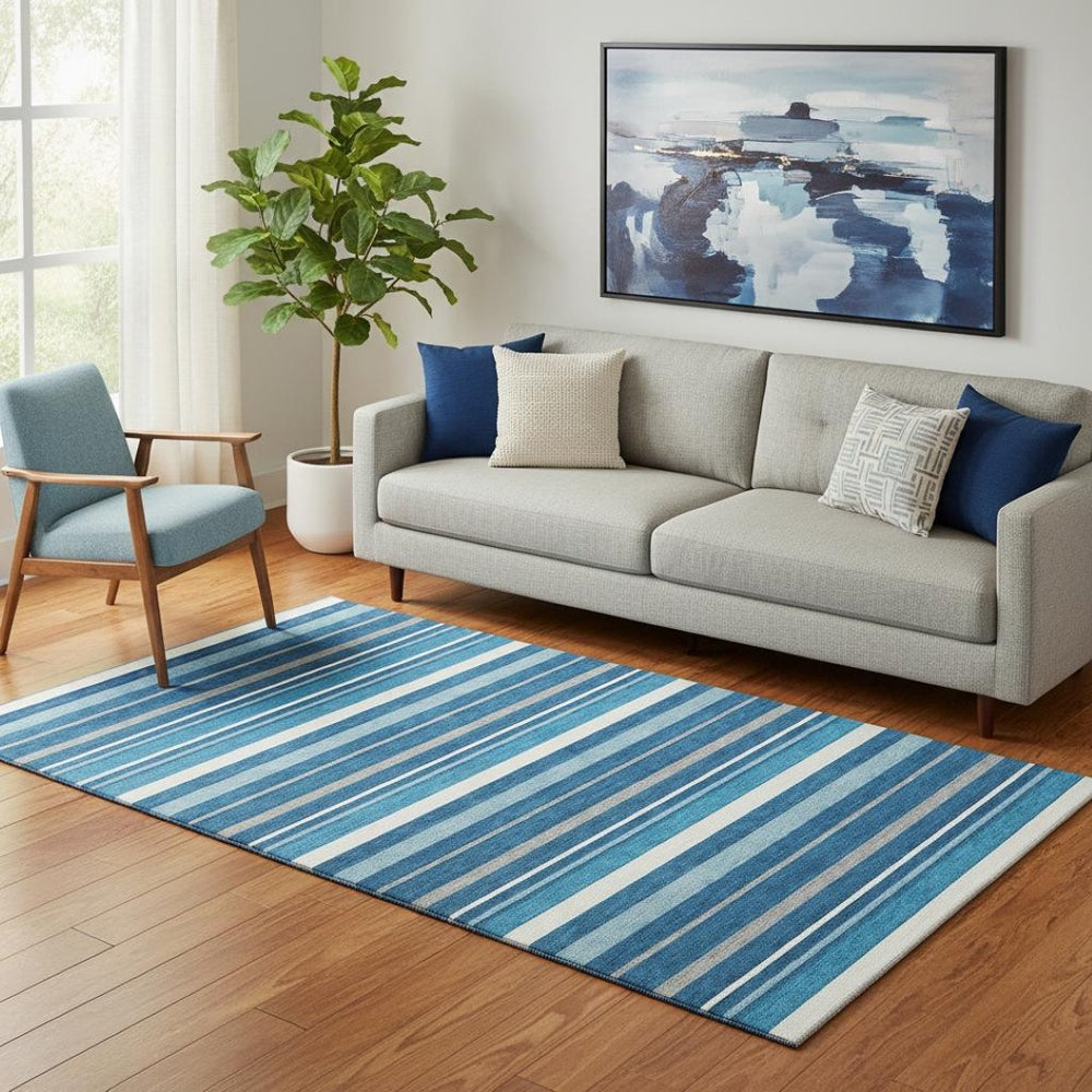 HomeRoots 5' X 8' Denim Blue, Ivory & Gray Striped Washable Area Rug - Durable, Stain-Resistant, UV Protected! 669909