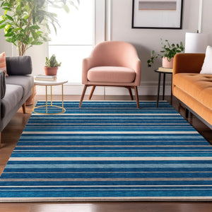 HomeRoots 5' X 8' Denim Blue, Ivory & Gray Striped Washable Area Rug - Durable, Stain-Resistant, UV Protected! 669909