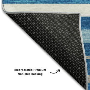 HomeRoots 5' X 8' Denim Blue, Ivory & Gray Striped Washable Area Rug - Durable, Stain-Resistant, UV Protected! 669909