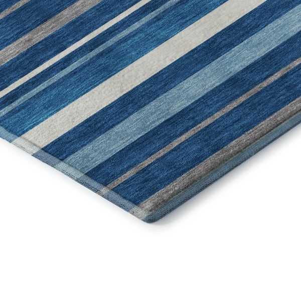 HomeRoots 5' X 8' Denim Blue, Ivory & Gray Striped Washable Area Rug - Durable, Stain-Resistant, UV Protected! 669909