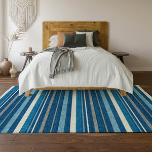 HomeRoots 5' X 8' Denim Blue, Ivory & Gray Striped Washable Area Rug - Durable, Stain-Resistant, UV Protected! 669909