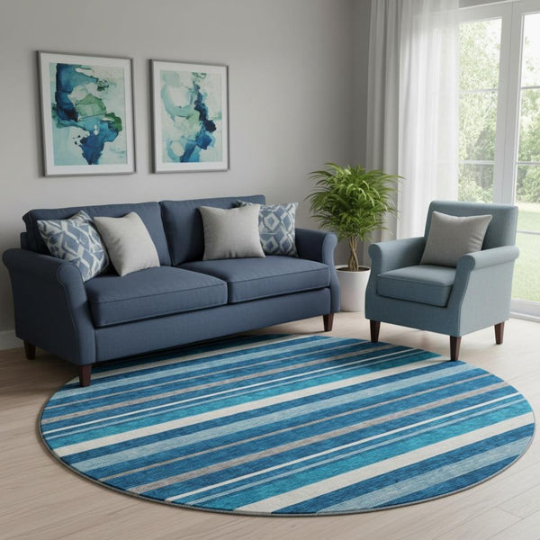 HomeRoots 8' Coastal Denim Blue, Ivory & Gray Striped Washable Round Rug with UV Protection for Homes 669910