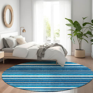HomeRoots 8' Coastal Denim Blue, Ivory & Gray Striped Washable Round Rug with UV Protection for Homes 669910