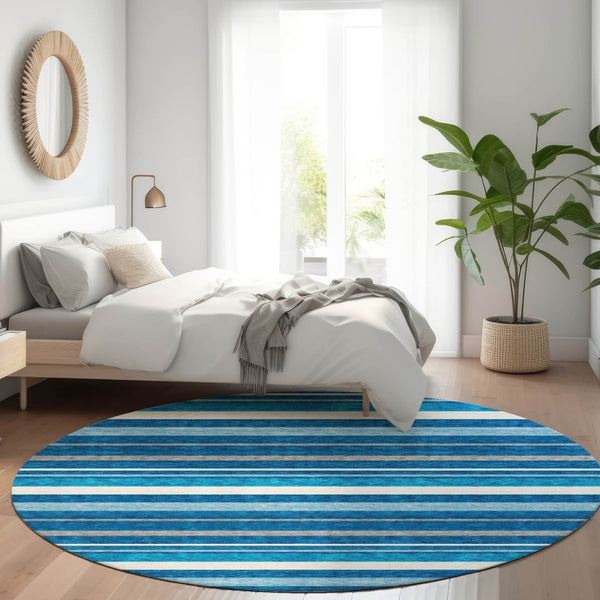 HomeRoots 8' Coastal Denim Blue, Ivory & Gray Striped Washable Round Rug with UV Protection for Homes 669910