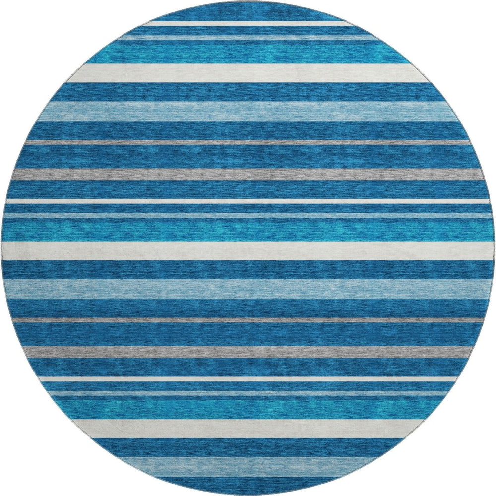 HomeRoots 8' Coastal Denim Blue, Ivory & Gray Striped Washable Round Rug with UV Protection for Homes 669910