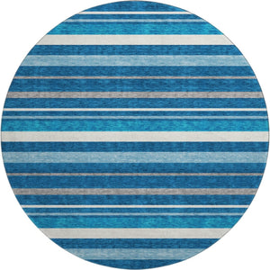 HomeRoots 8' Coastal Denim Blue, Ivory & Gray Striped Washable Round Rug with UV Protection for Homes 669910
