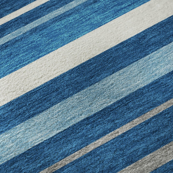 HomeRoots 8' Coastal Denim Blue, Ivory & Gray Striped Washable Round Rug with UV Protection for Homes 669910