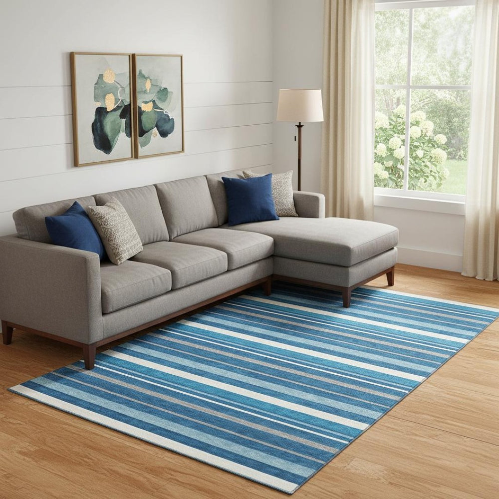 HomeRoots 8' X 10' Stylish Denim Blue, Ivory & Gray Striped Washable Area Rug with UV Protection for Homes 669911
