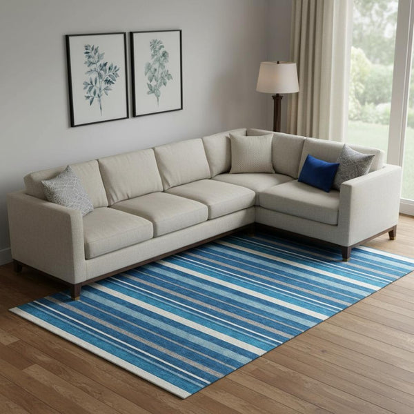 HomeRoots 9' Denim Blue, Ivory & Gray Striped Washable Area Rug - Durable, Stylish & UV Protected for Any Room 669912