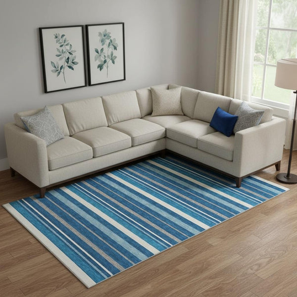 HomeRoots 10' Denim Blue, Ivory & Gray Striped Area Rug – Washable, UV-Protected & Stain-Resistant Design! 669913