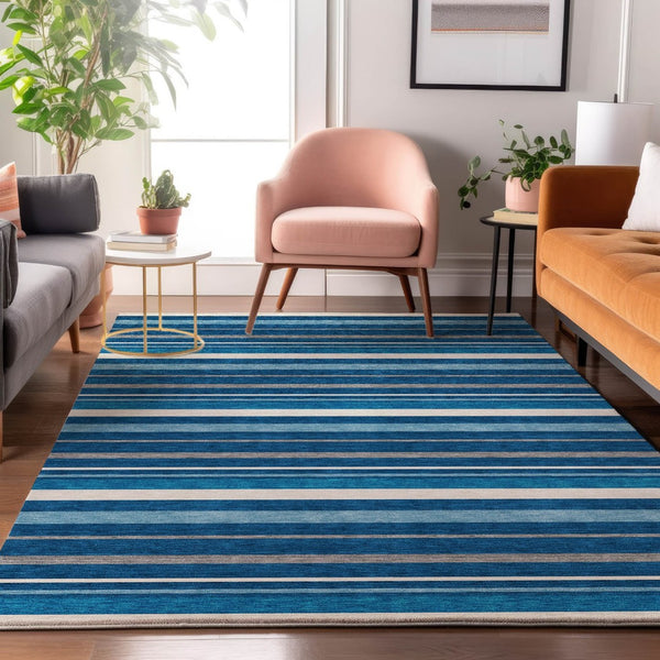 HomeRoots 10' Denim Blue, Ivory & Gray Striped Area Rug – Washable, UV-Protected & Stain-Resistant Design! 669913