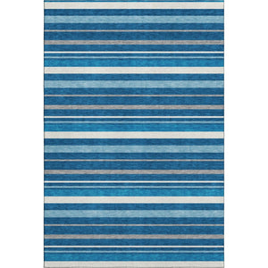 HomeRoots 10' Denim Blue, Ivory & Gray Striped Area Rug – Washable, UV-Protected & Stain-Resistant Design! 669913