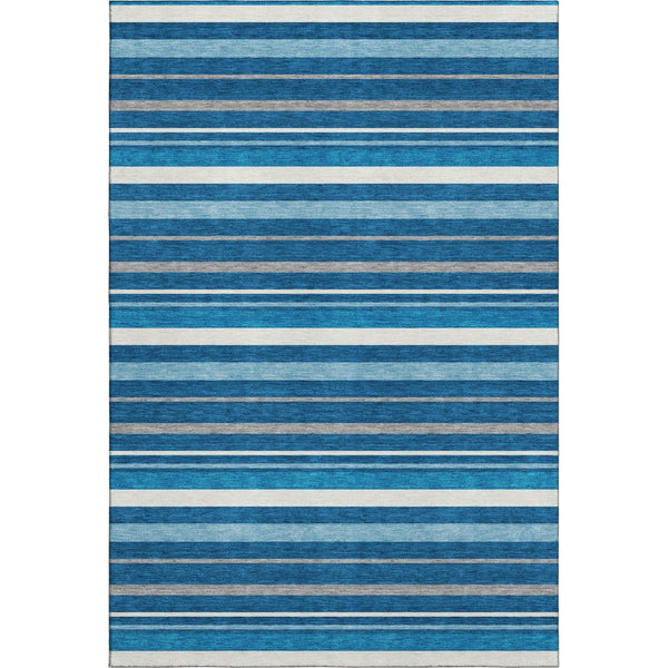 HomeRoots 10' Denim Blue, Ivory & Gray Striped Area Rug – Washable, UV-Protected & Stain-Resistant Design! 669913