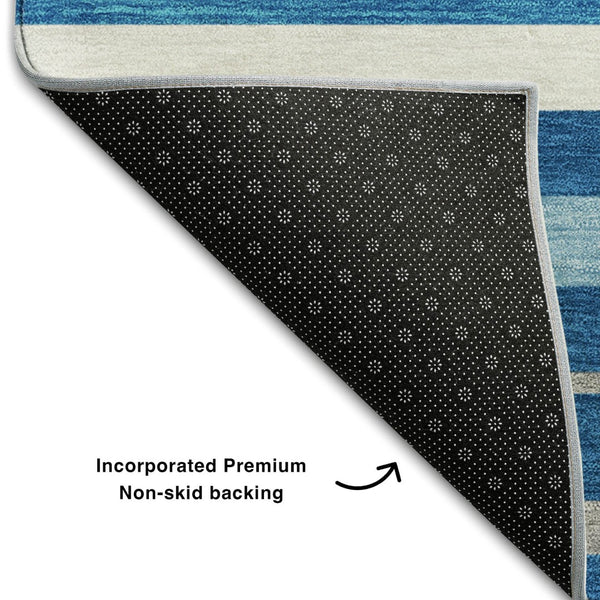 HomeRoots 10' Denim Blue, Ivory & Gray Striped Area Rug – Washable, UV-Protected & Stain-Resistant Design! 669913