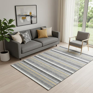 HomeRoots 5' X 8' Stylish Gray Gold Ivory Striped Area Rug - Washable, UV Protected, Perfect for High-Traffic Spaces 669915