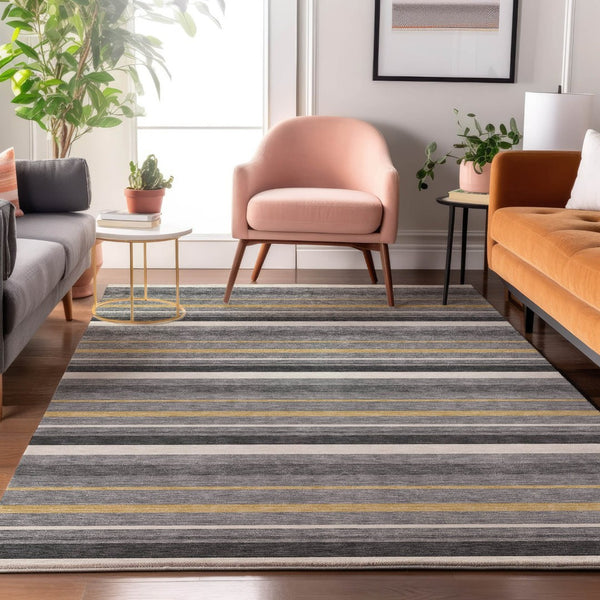 HomeRoots 5' X 8' Stylish Gray Gold Ivory Striped Area Rug - Washable, UV Protected, Perfect for High-Traffic Spaces 669915