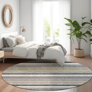 HomeRoots 8' Gray Gold and Ivory Striped Washable Round Rug - Durable, Stain-Resistant, UV-Protected Design 669916
