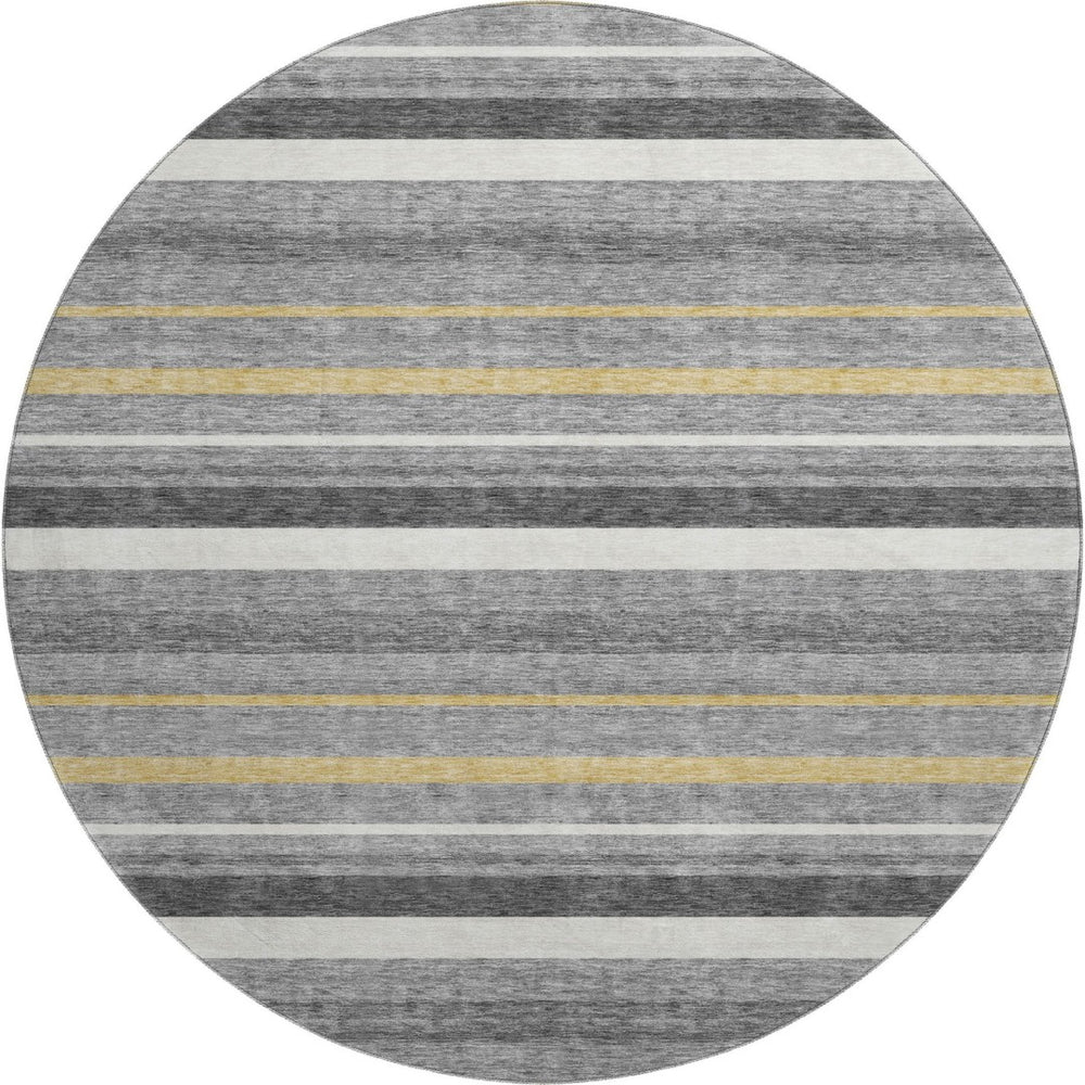HomeRoots 8' Gray Gold and Ivory Striped Washable Round Rug - Durable, Stain-Resistant, UV-Protected Design 669916