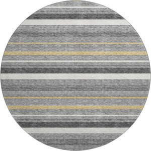 HomeRoots 8' Gray Gold and Ivory Striped Washable Round Rug - Durable, Stain-Resistant, UV-Protected Design 669916
