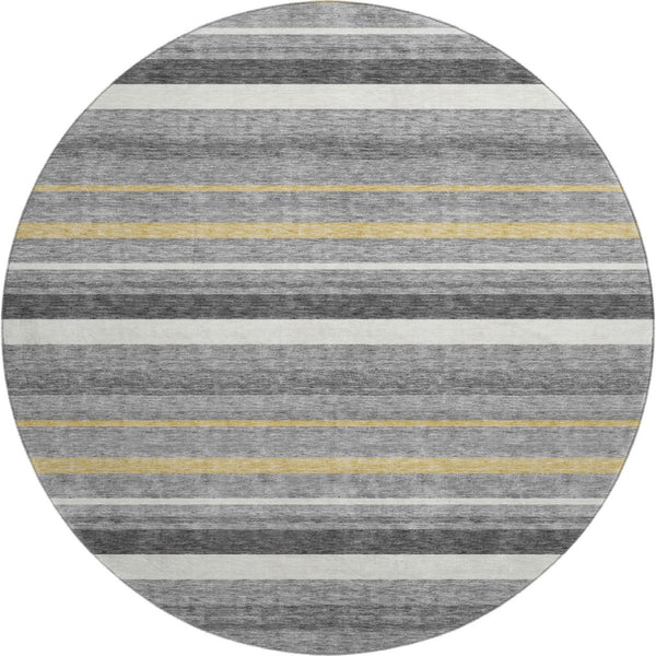 HomeRoots 8' Gray Gold and Ivory Striped Washable Round Rug - Durable, Stain-Resistant, UV-Protected Design 669916