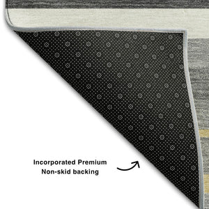 HomeRoots 8' Gray Gold and Ivory Striped Washable Round Rug - Durable, Stain-Resistant, UV-Protected Design 669916