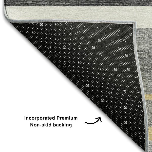 HomeRoots 8' Gray Gold and Ivory Striped Washable Round Rug - Durable, Stain-Resistant, UV-Protected Design 669916