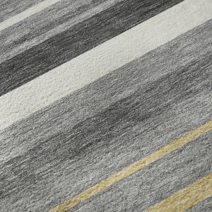 HomeRoots 8' Gray Gold and Ivory Striped Washable Round Rug - Durable, Stain-Resistant, UV-Protected Design 669916