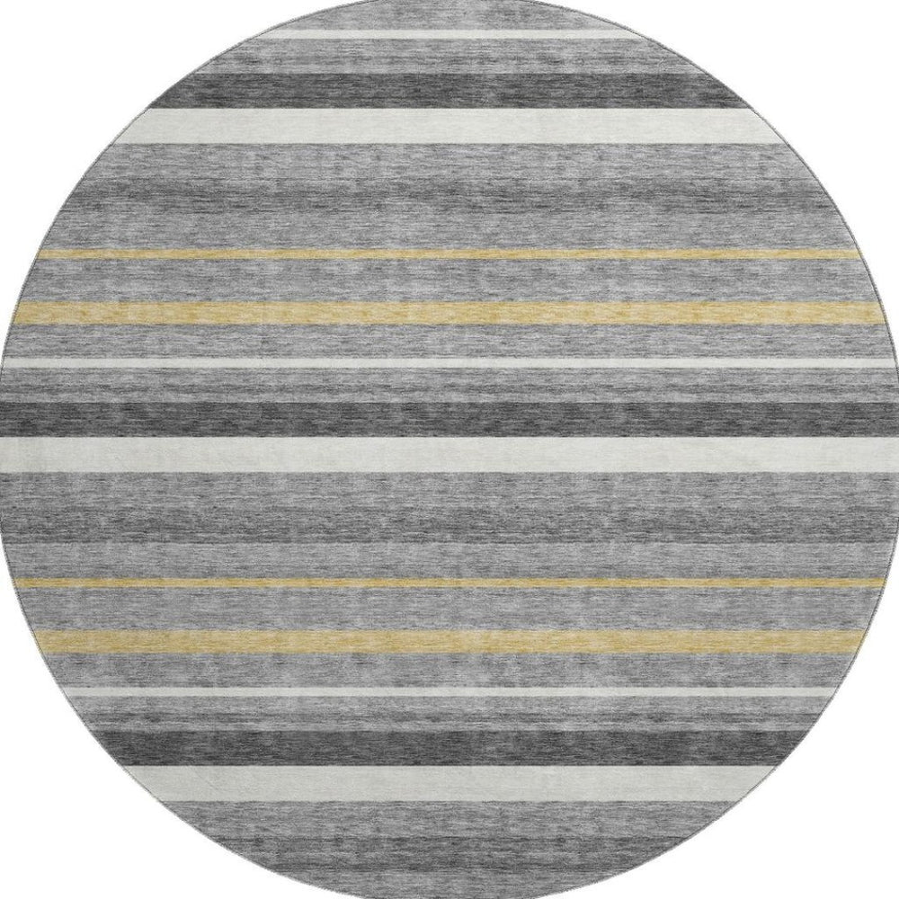 HomeRoots 8' Gray Gold and Ivory Striped Washable Round Rug - Durable, Stain-Resistant, UV-Protected Design 669916