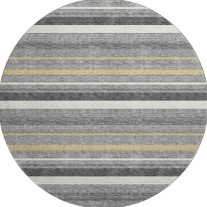 HomeRoots 8' Gray Gold and Ivory Striped Washable Round Rug - Durable, Stain-Resistant, UV-Protected Design 669916