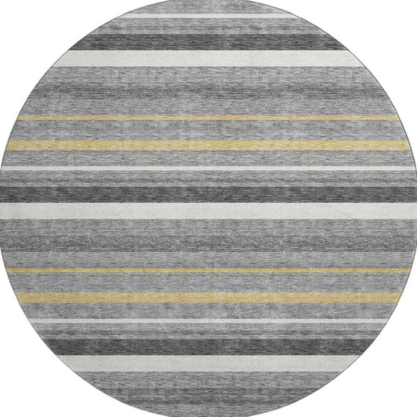 HomeRoots 8' Gray Gold and Ivory Striped Washable Round Rug - Durable, Stain-Resistant, UV-Protected Design 669916