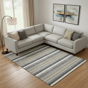 HomeRoots 8' X 10' Gray Gold Ivory Striped Washable Area Rug – Durable, UV Protected, Stain Resistant for Homes 669917