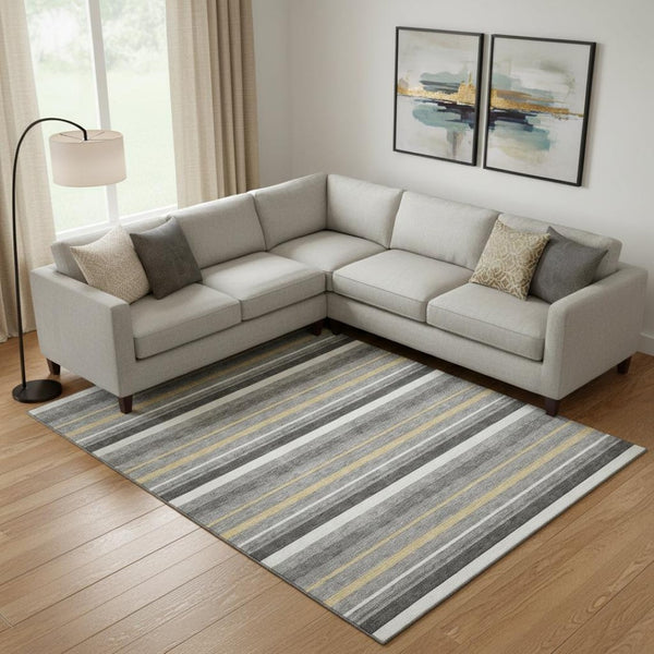 HomeRoots 8' X 10' Gray Gold Ivory Striped Washable Area Rug – Durable, UV Protected, Stain Resistant for Homes 669917