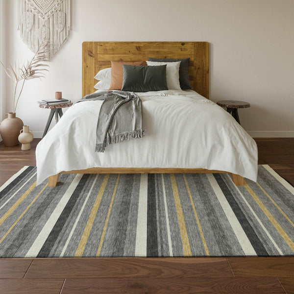 HomeRoots 8' X 10' Gray Gold Ivory Striped Washable Area Rug – Durable, UV Protected, Stain Resistant for Homes 669917